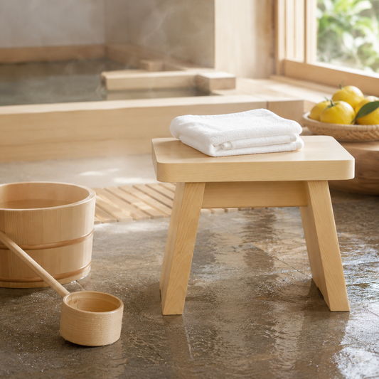 Lifestyle image in a Japanese hinoki bathroom