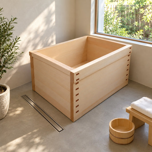 Hinoki bathtub, box type, in a bright bathroom. AI-generated image; actual grain and proportions vary by size.