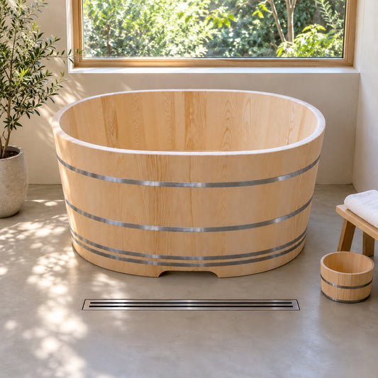 Hinoki bathtub, oval type, in a bright bathroom. AI-generated image; actual grain and proportions vary by size.