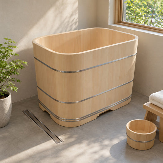 Hinoki bathtub, rounded-corner type, in a bright bathroom. AI-generated image; actual grain and proportions vary by size.
