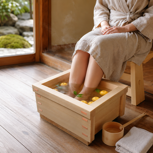 Hinoki Foot Bath Tub Box-Style with Natural Knots — lifestyle