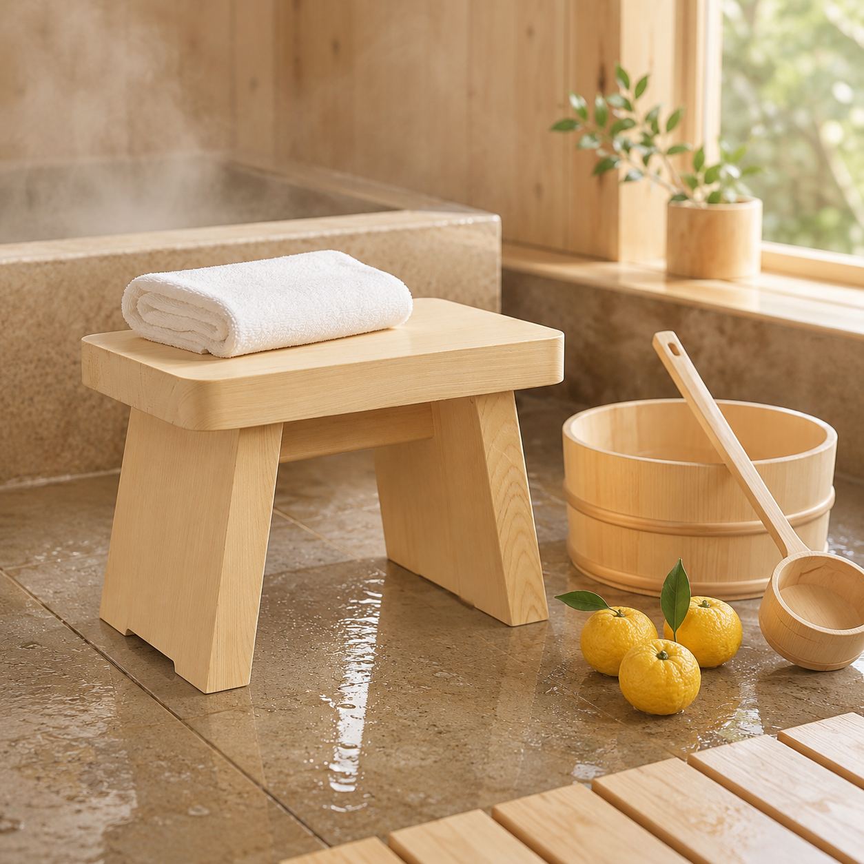 Lifestyle image in a Japanese hinoki bathroom