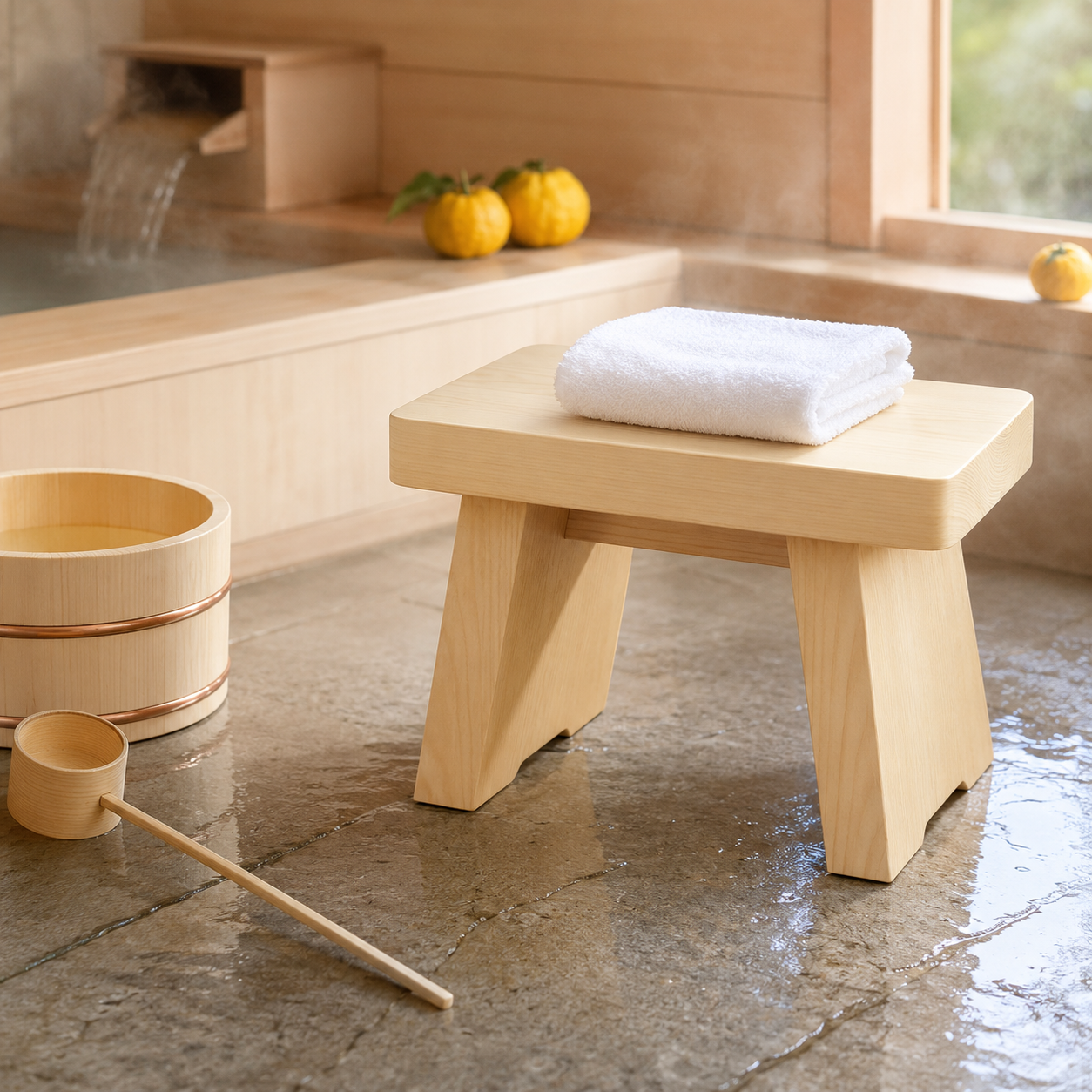 Lifestyle image in a Japanese hinoki bathroom