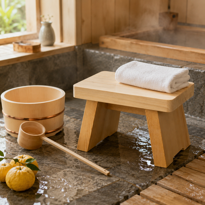 Lifestyle image in a Japanese hinoki bathroom