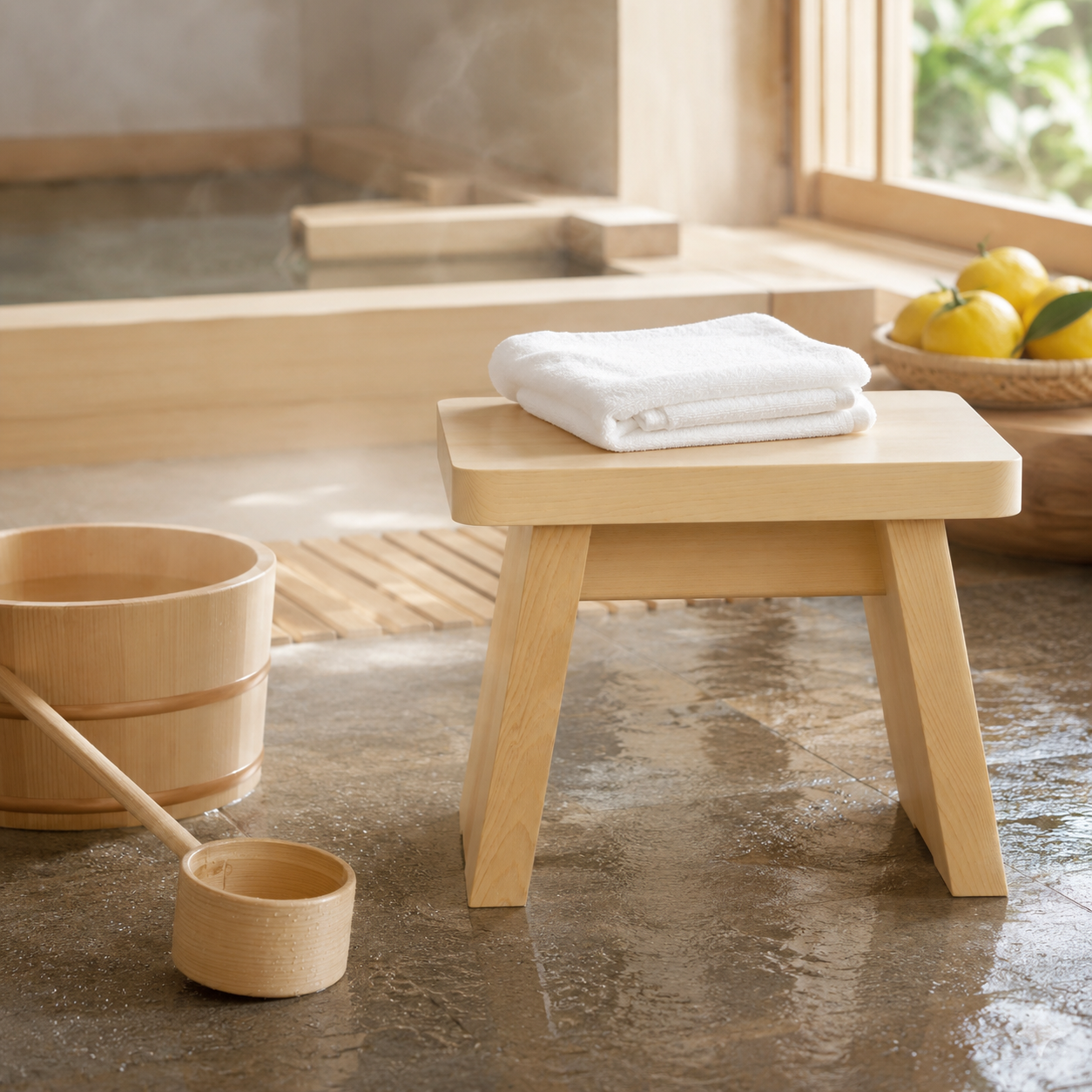 Lifestyle image in a Japanese hinoki bathroom