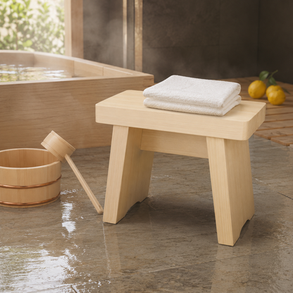 Lifestyle image in a Japanese hinoki bathroom
