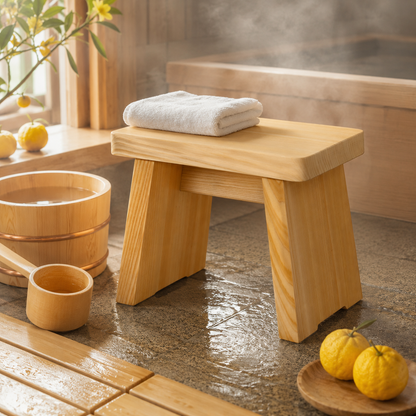 Lifestyle image in a Japanese hinoki bathroom