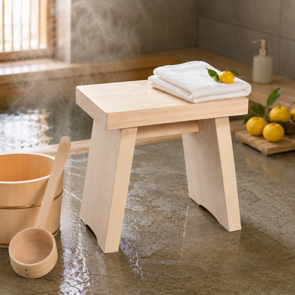Lifestyle image in a Japanese hinoki bathroom