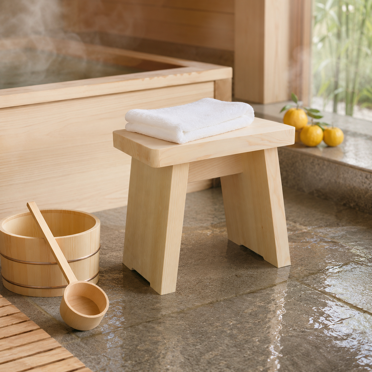 Lifestyle image in a Japanese hinoki bathroom