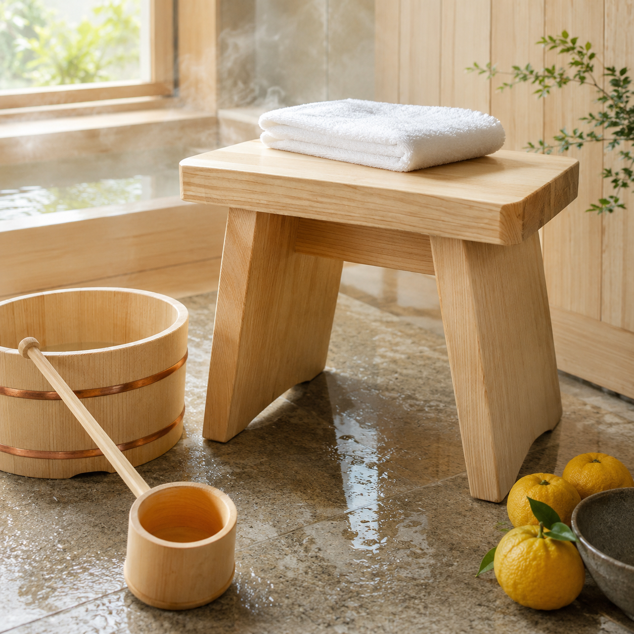 Lifestyle image in a Japanese hinoki bathroom